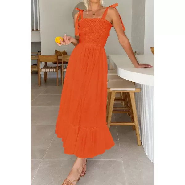 imageZESICA Womens 2024 Summer Boho Spaghetti Strap Square Neck Solid Color Ruffle A Line Beach Long Maxi DressOrange