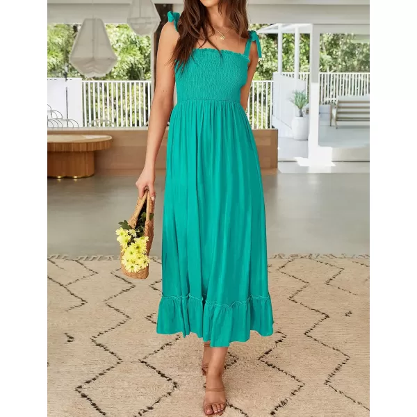imageZESICA Womens 2024 Summer Boho Spaghetti Strap Square Neck Solid Color Ruffle A Line Beach Long Maxi DressPeacock