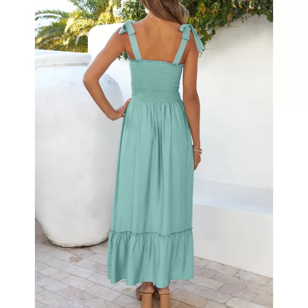 imageZESICA Womens 2024 Summer Boho Spaghetti Strap Square Neck Solid Color Ruffle A Line Beach Long Maxi DressSage