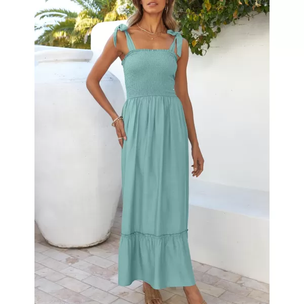 imageZESICA Womens 2024 Summer Boho Spaghetti Strap Square Neck Solid Color Ruffle A Line Beach Long Maxi DressSage