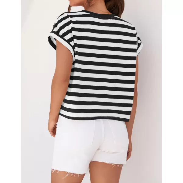 imageZESICA Womens 2024 Summer Cap Sleeve Crewneck Crop Tops Casual Loose Striped TShirts Basic TeesBlack