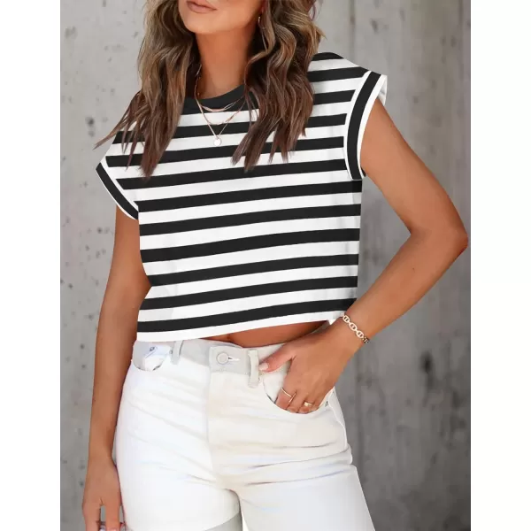 imageZESICA Womens 2024 Summer Cap Sleeve Crewneck Crop Tops Casual Loose Striped TShirts Basic TeesBlack