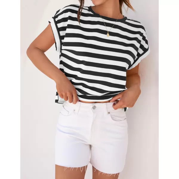 imageZESICA Womens 2024 Summer Cap Sleeve Crewneck Crop Tops Casual Loose Striped TShirts Basic TeesBlack