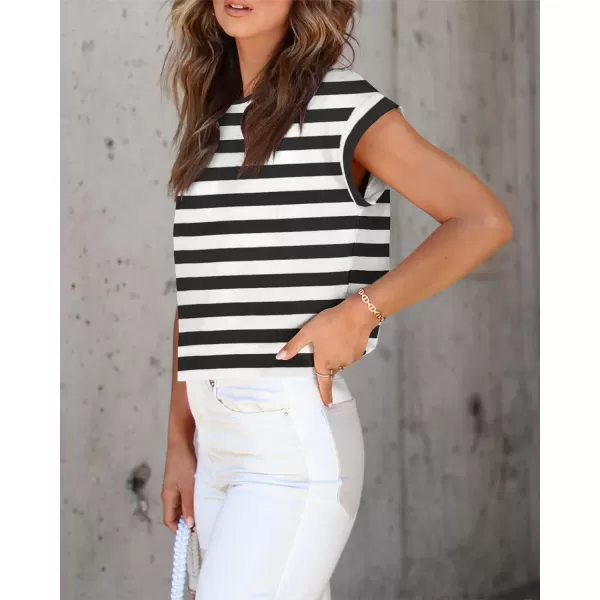 imageZESICA Womens 2024 Summer Cap Sleeve Crewneck Crop Tops Casual Loose Striped TShirts Basic TeesBlack