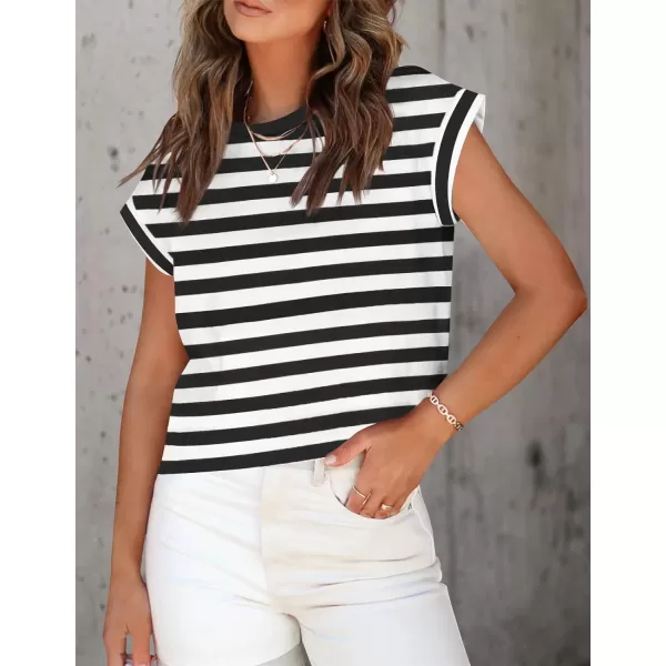 imageZESICA Womens 2024 Summer Cap Sleeve Crewneck Crop Tops Casual Loose Striped TShirts Basic TeesBlack