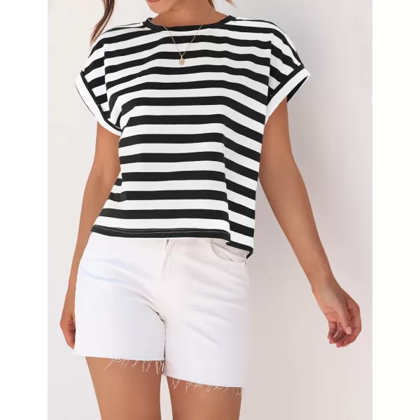 imageZESICA Womens 2024 Summer Cap Sleeve Crewneck Crop Tops Casual Loose Striped TShirts Basic TeesBlack
