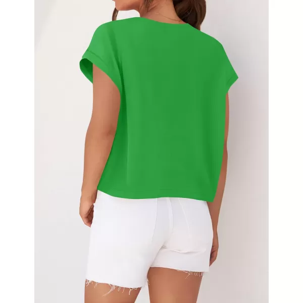 imageZESICA Womens 2024 Summer Cap Sleeve Crewneck Crop Tops Casual Loose Striped TShirts Basic TeesBrightgreen