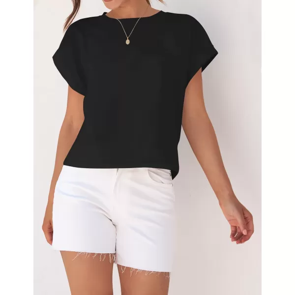 imageZESICA Womens 2024 Summer Cap Sleeve Crewneck Crop Tops Casual Loose Striped TShirts Basic TeesDarkblack