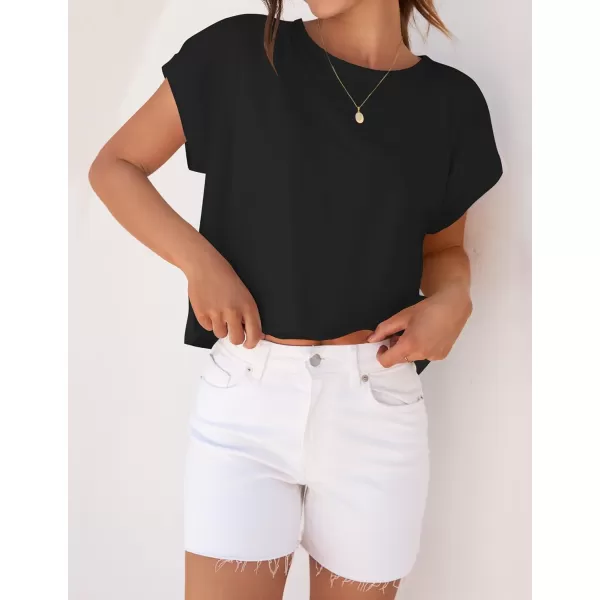 imageZESICA Womens 2024 Summer Cap Sleeve Crewneck Crop Tops Casual Loose Striped TShirts Basic TeesDarkblack