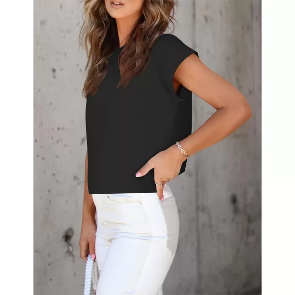imageZESICA Womens 2024 Summer Cap Sleeve Crewneck Crop Tops Casual Loose Striped TShirts Basic TeesDarkblack