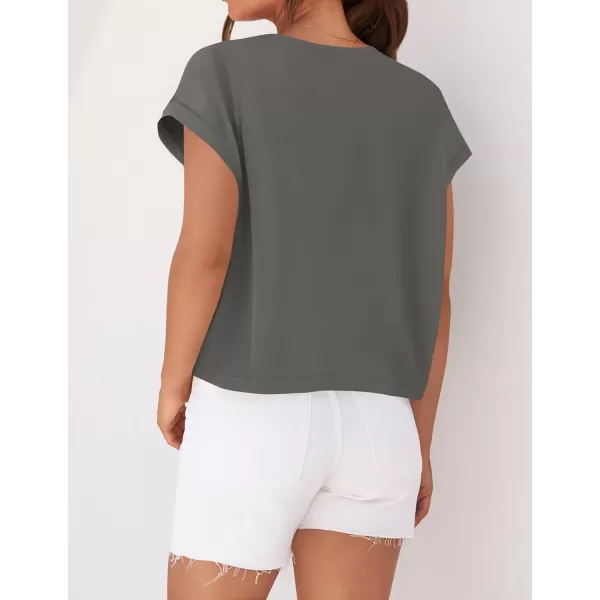 imageZESICA Womens 2024 Summer Cap Sleeve Crewneck Crop Tops Casual Loose Striped TShirts Basic TeesDarkgrey