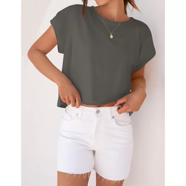imageZESICA Womens 2024 Summer Cap Sleeve Crewneck Crop Tops Casual Loose Striped TShirts Basic TeesDarkgrey