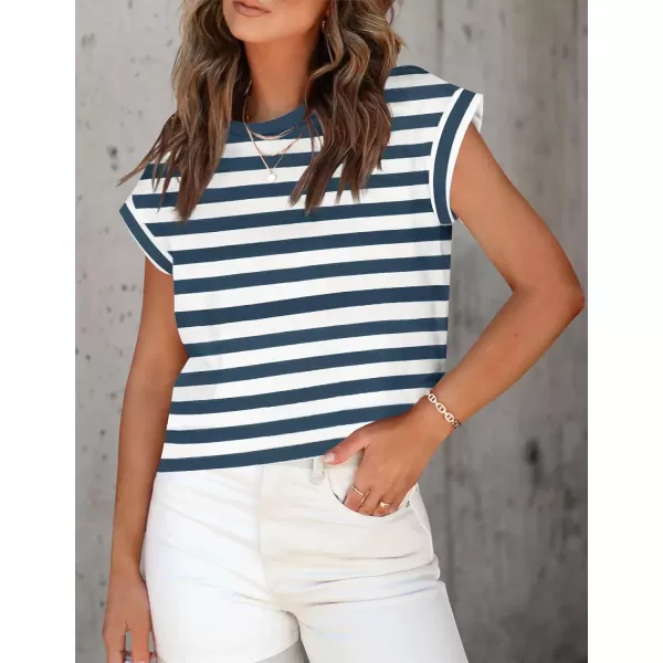 imageZESICA Womens 2024 Summer Cap Sleeve Crewneck Crop Tops Casual Loose Striped TShirts Basic TeesDustyblue