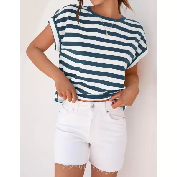 imageZESICA Womens 2024 Summer Cap Sleeve Crewneck Crop Tops Casual Loose Striped TShirts Basic TeesDustyblue