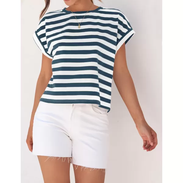 imageZESICA Womens 2024 Summer Cap Sleeve Crewneck Crop Tops Casual Loose Striped TShirts Basic TeesDustyblue