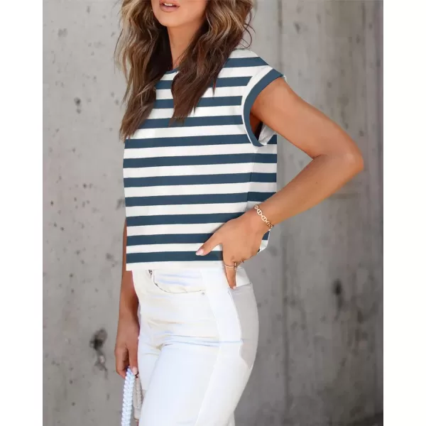 imageZESICA Womens 2024 Summer Cap Sleeve Crewneck Crop Tops Casual Loose Striped TShirts Basic TeesDustyblue