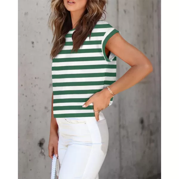 imageZESICA Womens 2024 Summer Cap Sleeve Crewneck Crop Tops Casual Loose Striped TShirts Basic TeesGreen