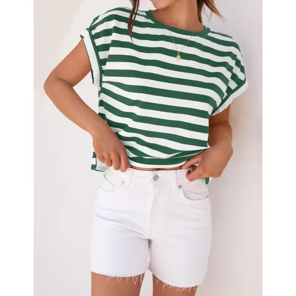 imageZESICA Womens 2024 Summer Cap Sleeve Crewneck Crop Tops Casual Loose Striped TShirts Basic TeesGreen