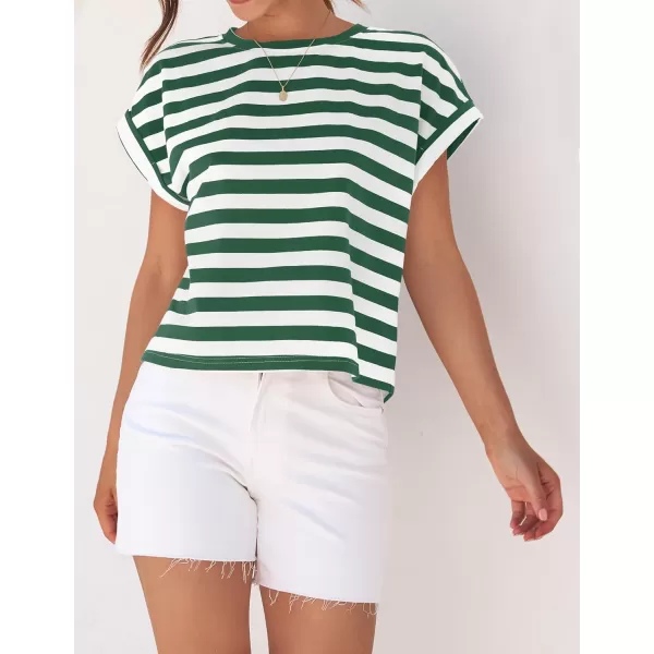 imageZESICA Womens 2024 Summer Cap Sleeve Crewneck Crop Tops Casual Loose Striped TShirts Basic TeesGreen