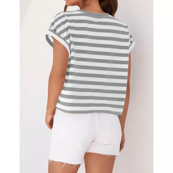 imageZESICA Womens 2024 Summer Cap Sleeve Crewneck Crop Tops Casual Loose Striped TShirts Basic TeesGrey