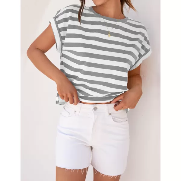 imageZESICA Womens 2024 Summer Cap Sleeve Crewneck Crop Tops Casual Loose Striped TShirts Basic TeesGrey