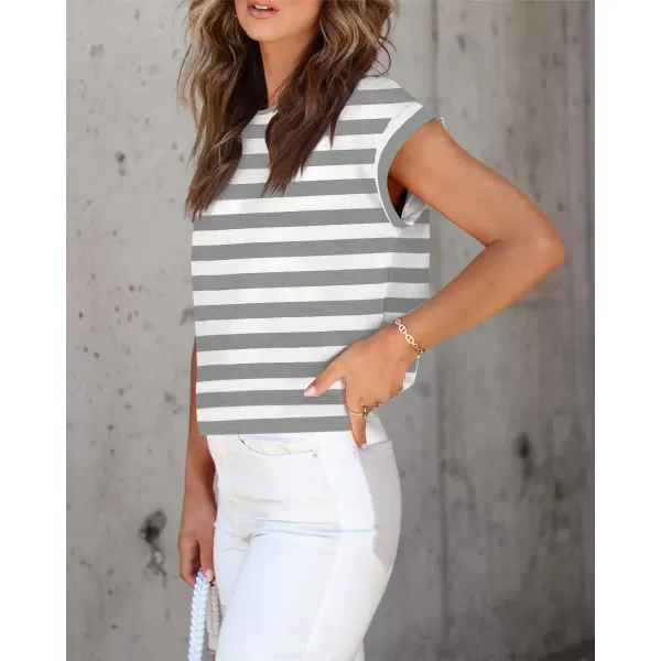 imageZESICA Womens 2024 Summer Cap Sleeve Crewneck Crop Tops Casual Loose Striped TShirts Basic TeesGrey