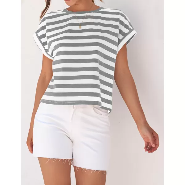 imageZESICA Womens 2024 Summer Cap Sleeve Crewneck Crop Tops Casual Loose Striped TShirts Basic TeesGrey