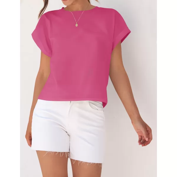imageZESICA Womens 2024 Summer Cap Sleeve Crewneck Crop Tops Casual Loose Striped TShirts Basic TeesHotpink