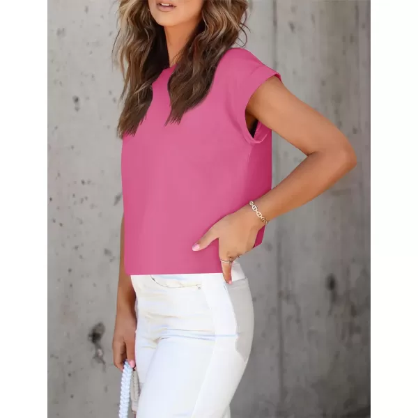 imageZESICA Womens 2024 Summer Cap Sleeve Crewneck Crop Tops Casual Loose Striped TShirts Basic TeesHotpink