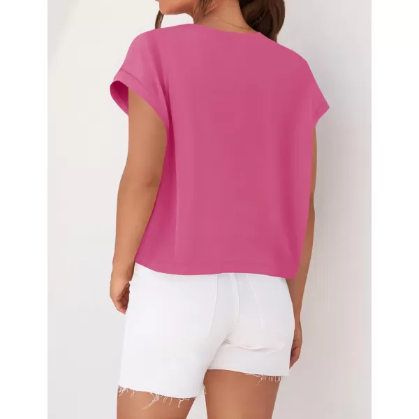 imageZESICA Womens 2024 Summer Cap Sleeve Crewneck Crop Tops Casual Loose Striped TShirts Basic TeesHotpink