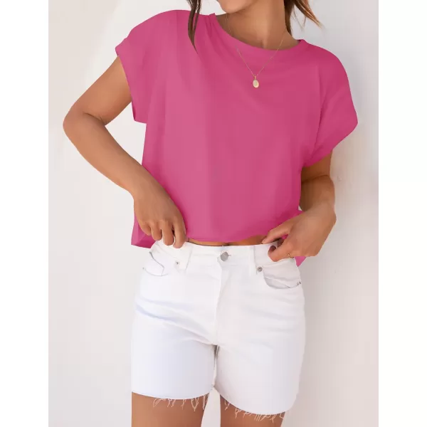 imageZESICA Womens 2024 Summer Cap Sleeve Crewneck Crop Tops Casual Loose Striped TShirts Basic TeesHotpink