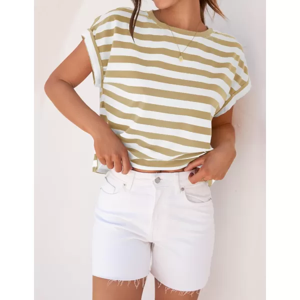 imageZESICA Womens 2024 Summer Cap Sleeve Crewneck Crop Tops Casual Loose Striped TShirts Basic TeesKhaki