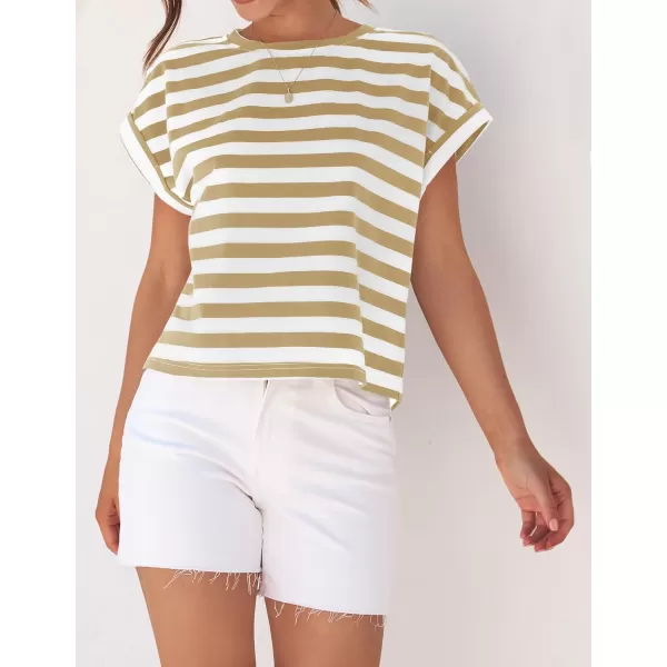 imageZESICA Womens 2024 Summer Cap Sleeve Crewneck Crop Tops Casual Loose Striped TShirts Basic TeesKhaki