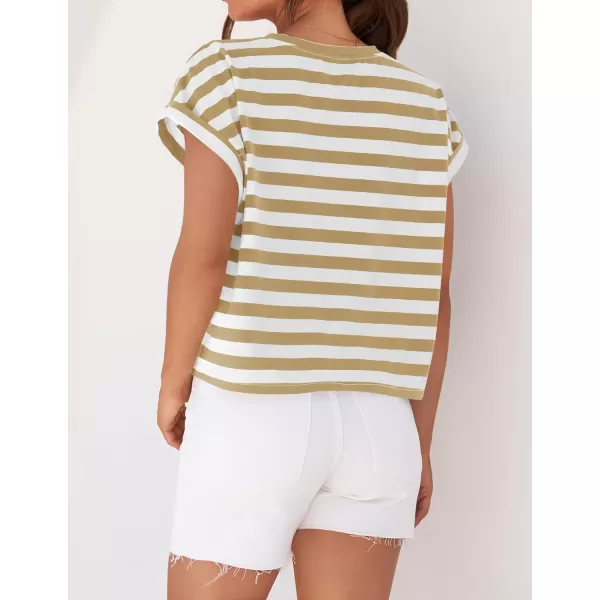 imageZESICA Womens 2024 Summer Cap Sleeve Crewneck Crop Tops Casual Loose Striped TShirts Basic TeesKhaki