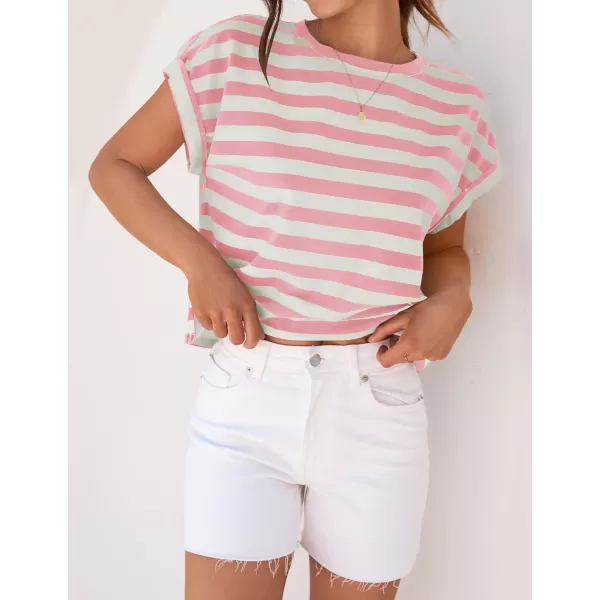 imageZESICA Womens 2024 Summer Cap Sleeve Crewneck Crop Tops Casual Loose Striped TShirts Basic TeesPink