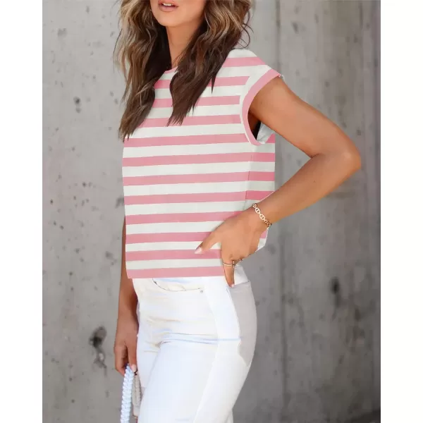 imageZESICA Womens 2024 Summer Cap Sleeve Crewneck Crop Tops Casual Loose Striped TShirts Basic TeesPink