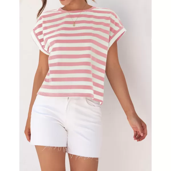 imageZESICA Womens 2024 Summer Cap Sleeve Crewneck Crop Tops Casual Loose Striped TShirts Basic TeesPink