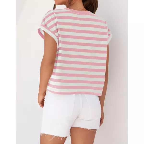 imageZESICA Womens 2024 Summer Cap Sleeve Crewneck Crop Tops Casual Loose Striped TShirts Basic TeesPink