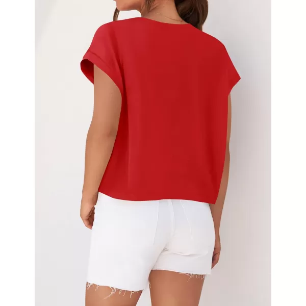 imageZESICA Womens 2024 Summer Cap Sleeve Crewneck Crop Tops Casual Loose Striped TShirts Basic TeesRed