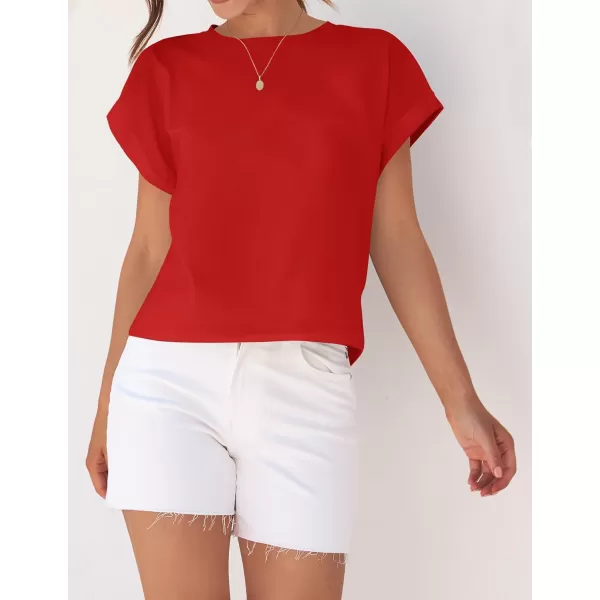 imageZESICA Womens 2024 Summer Cap Sleeve Crewneck Crop Tops Casual Loose Striped TShirts Basic TeesRed