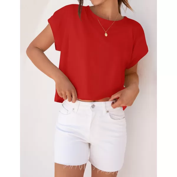 imageZESICA Womens 2024 Summer Cap Sleeve Crewneck Crop Tops Casual Loose Striped TShirts Basic TeesRed