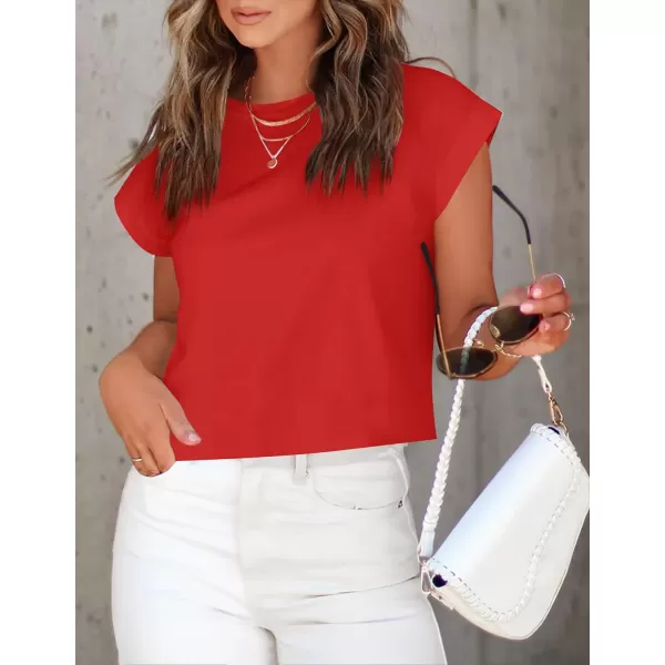 imageZESICA Womens 2024 Summer Cap Sleeve Crewneck Crop Tops Casual Loose Striped TShirts Basic TeesRed