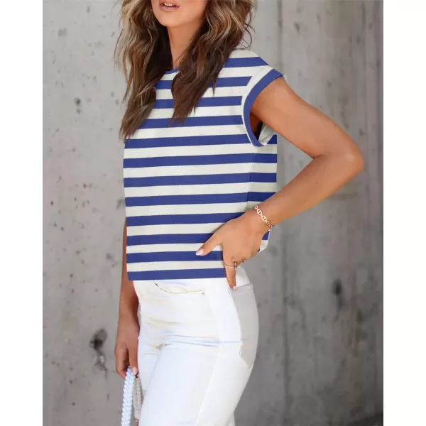 imageZESICA Womens 2024 Summer Cap Sleeve Crewneck Crop Tops Casual Loose Striped TShirts Basic TeesRoyalblue