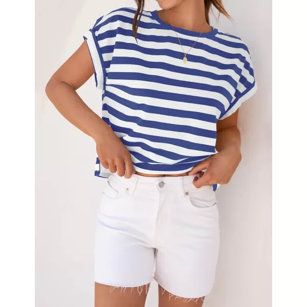 imageZESICA Womens 2024 Summer Cap Sleeve Crewneck Crop Tops Casual Loose Striped TShirts Basic TeesRoyalblue