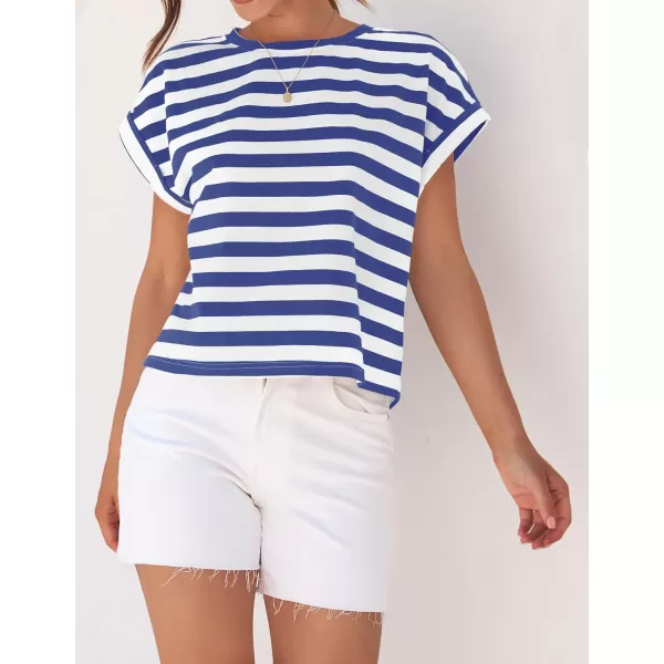 imageZESICA Womens 2024 Summer Cap Sleeve Crewneck Crop Tops Casual Loose Striped TShirts Basic TeesRoyalblue