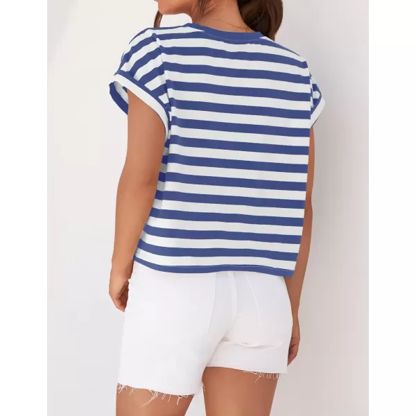 imageZESICA Womens 2024 Summer Cap Sleeve Crewneck Crop Tops Casual Loose Striped TShirts Basic TeesRoyalblue