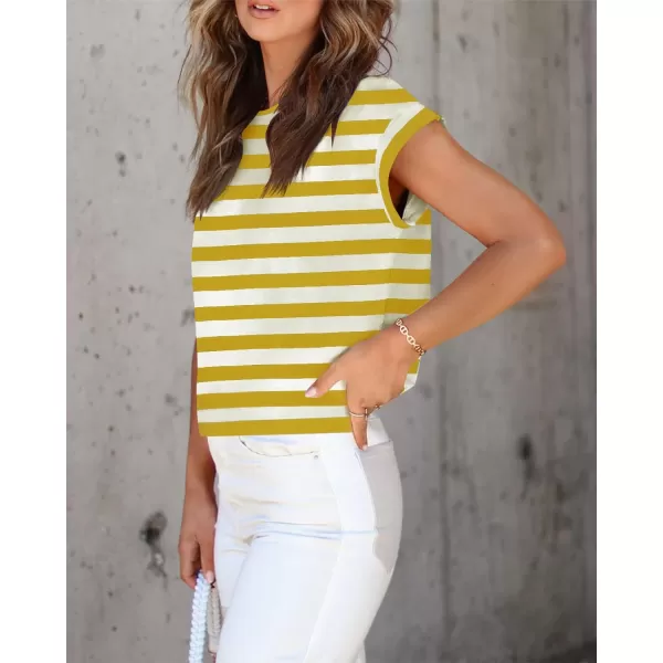 imageZESICA Womens 2024 Summer Cap Sleeve Crewneck Crop Tops Casual Loose Striped TShirts Basic TeesYellow