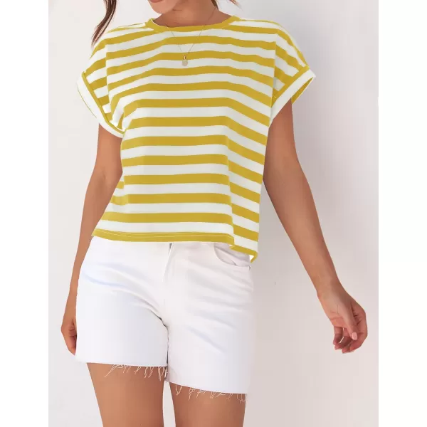 imageZESICA Womens 2024 Summer Cap Sleeve Crewneck Crop Tops Casual Loose Striped TShirts Basic TeesYellow