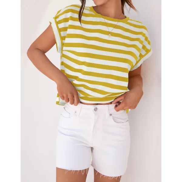 imageZESICA Womens 2024 Summer Cap Sleeve Crewneck Crop Tops Casual Loose Striped TShirts Basic TeesYellow