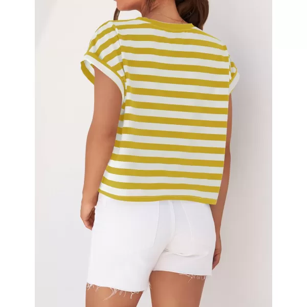 imageZESICA Womens 2024 Summer Cap Sleeve Crewneck Crop Tops Casual Loose Striped TShirts Basic TeesYellow